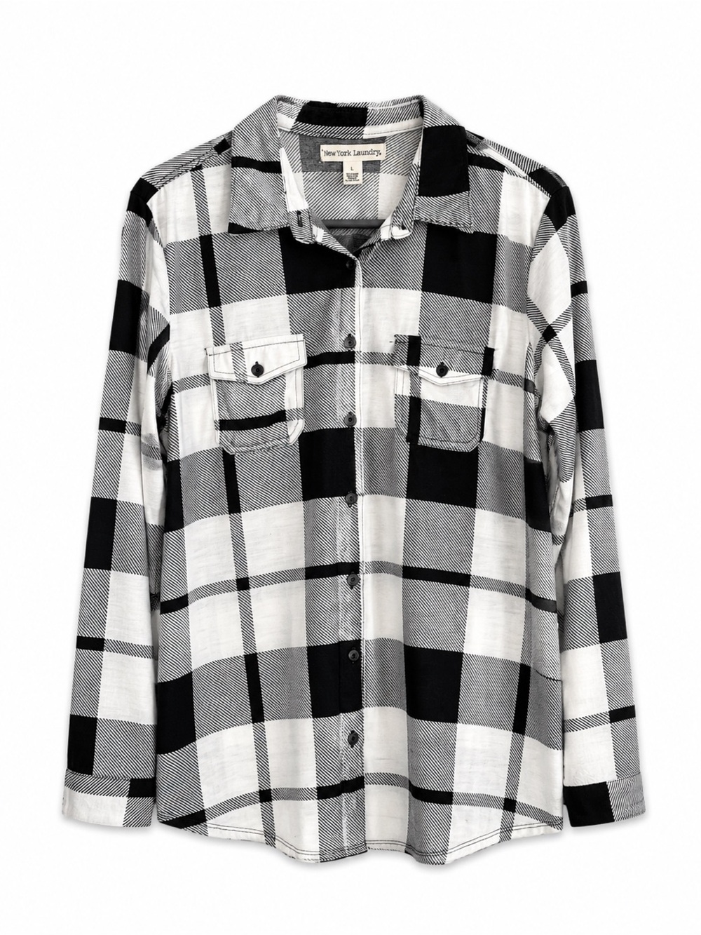 New York Laundry Women Button Down Long Sleeve Shirt Black White Plaid Large